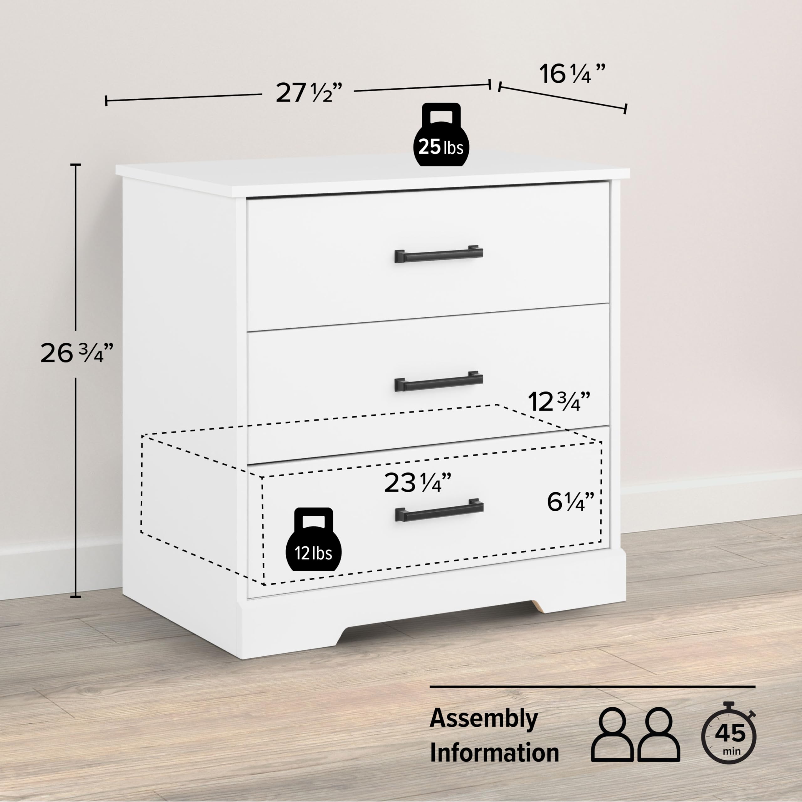 Prepac Rustic Ridge Farmhouse Nightstand Bedside Table, White Nightstand For Bedroom, End Table With 3 Drawers 16.25'D X 27.5'W X 26.75'H